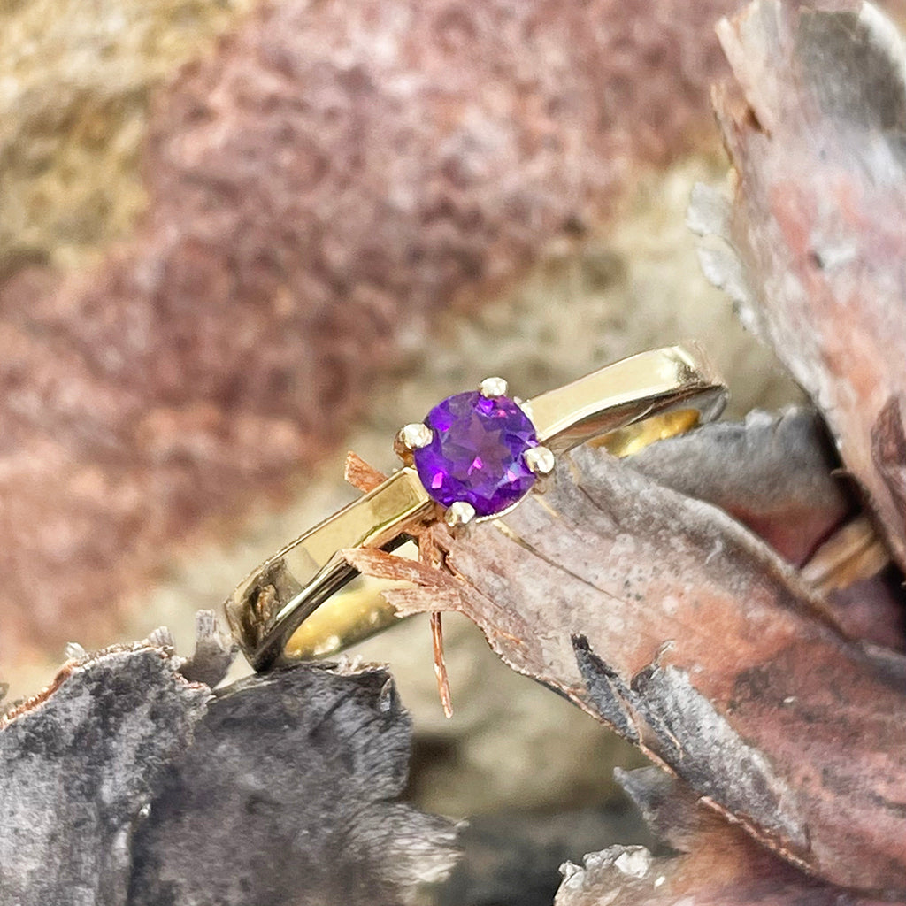 Simply Stylish Petite Yellow Gold Round Amethyst Solitaire Ring - Main Image