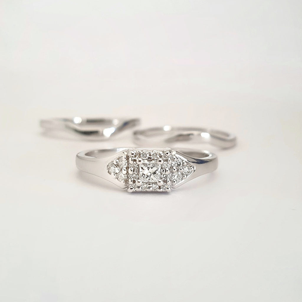 Square Cut Diamond And Square Halo Engagement RIng with Double White Gold Wedding Band Set