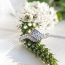 Trilogy Center Three Stripe Diamond Engagement ring and Clean White Gold Band Wedding Set