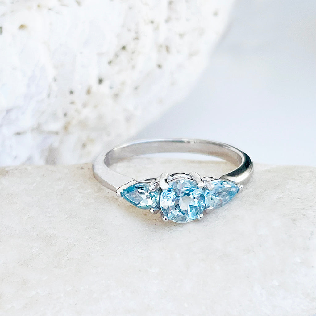 Trilogy Pear and Round Aquamarine Engagement Ring