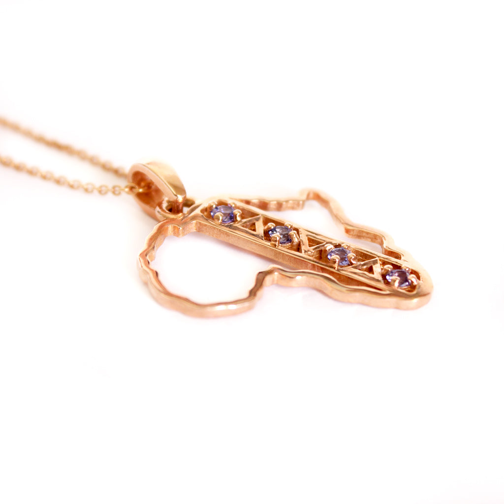 African Textile Pattern Africa Map Rose Gold Tanzanite Pendant