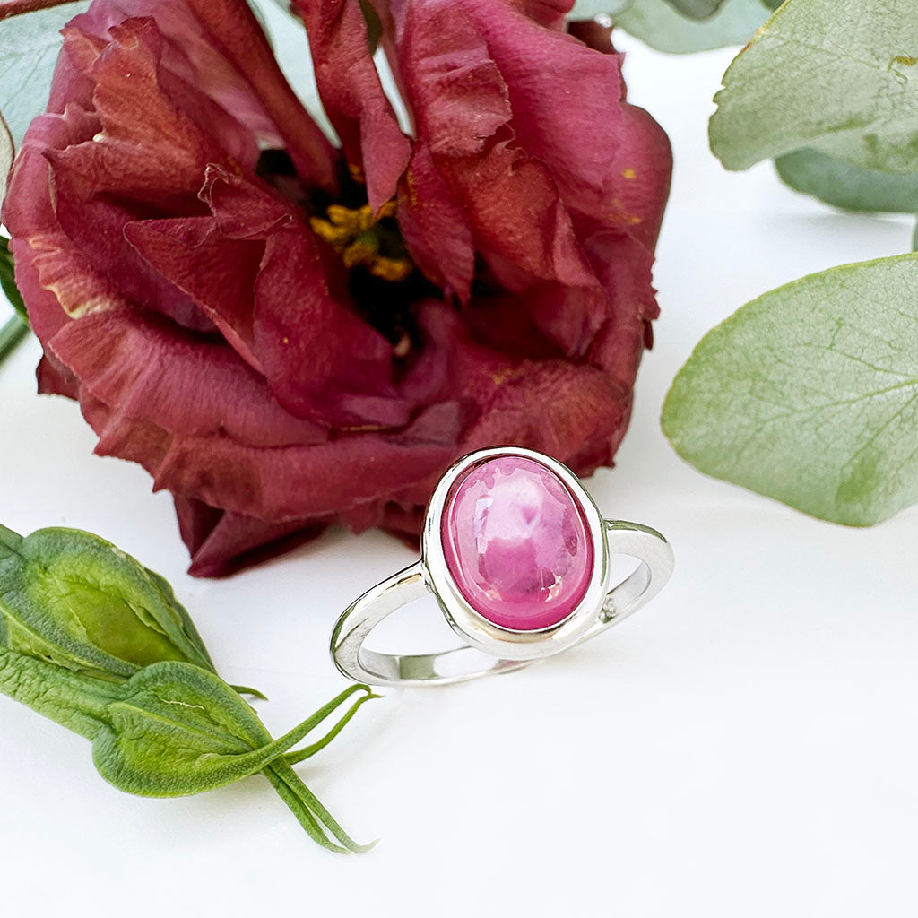 Bezel Set Silver Oval Cabochon Cut Ruby Ring