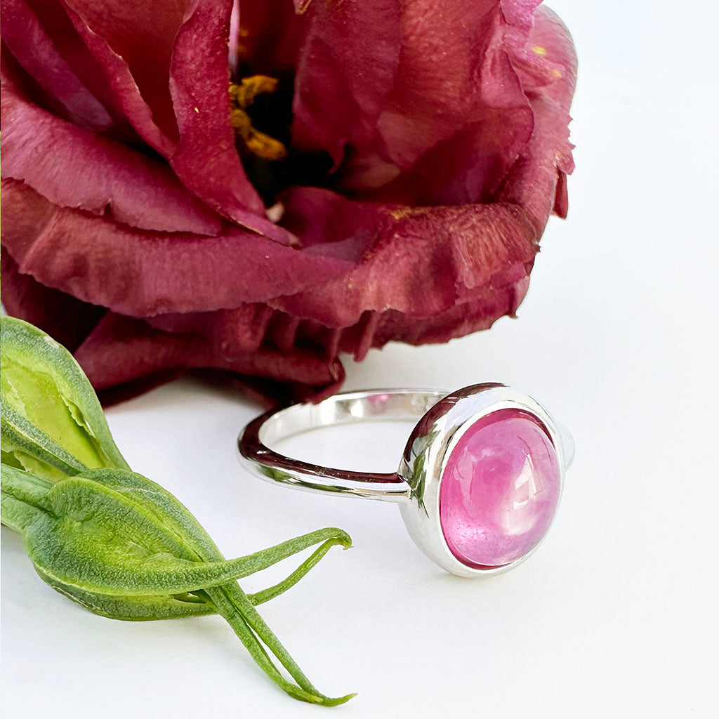 Bezel Set Silver Oval Cabochon Cut Ruby Ring