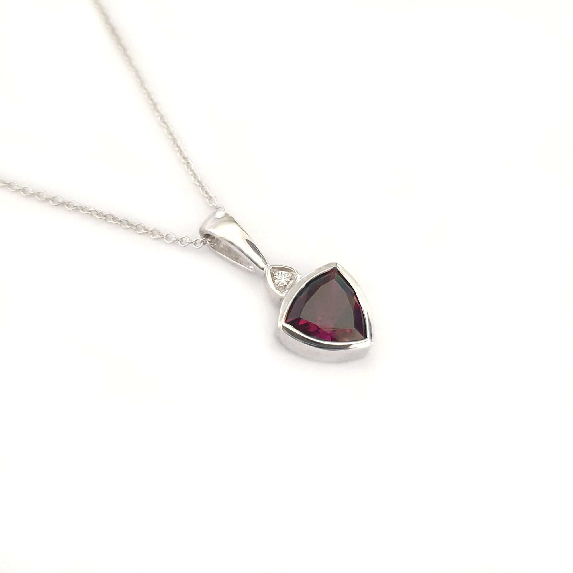 Bezel Set Trilliant Cut Grape Garnet and Diamond Pendant