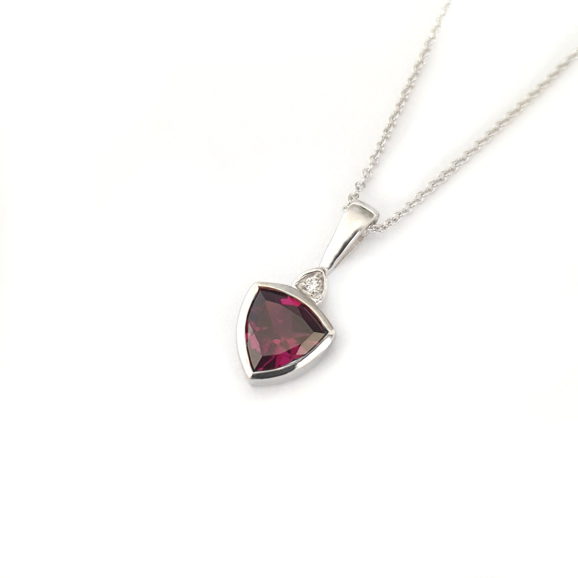 Bezel Set Trilliant Cut Grape Garnet and Diamond Pendant