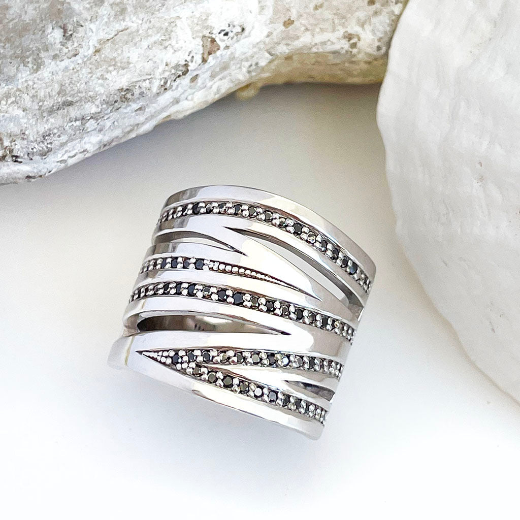 Black Diamond White Gold Zebra Statement Ring