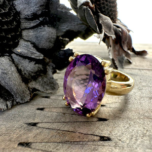 Bold Oval Cut Double Claw Yellow Gold Amethyst Ring