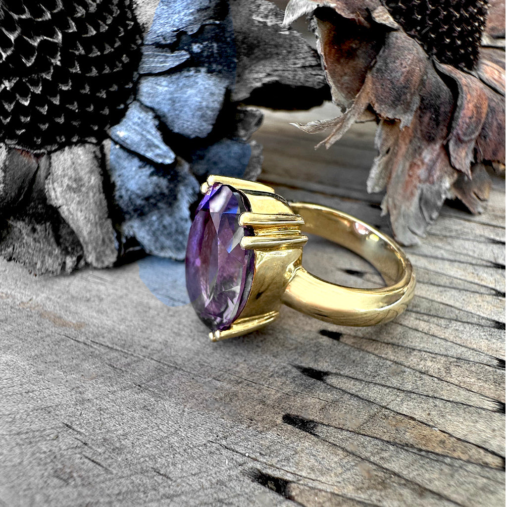 Bold Oval Cut Double Claw Yellow Gold Amethyst Ring