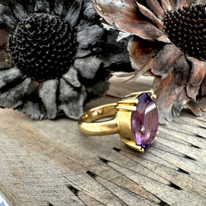 Bold Oval Cut Double Claw Yellow Gold Amethyst Ring