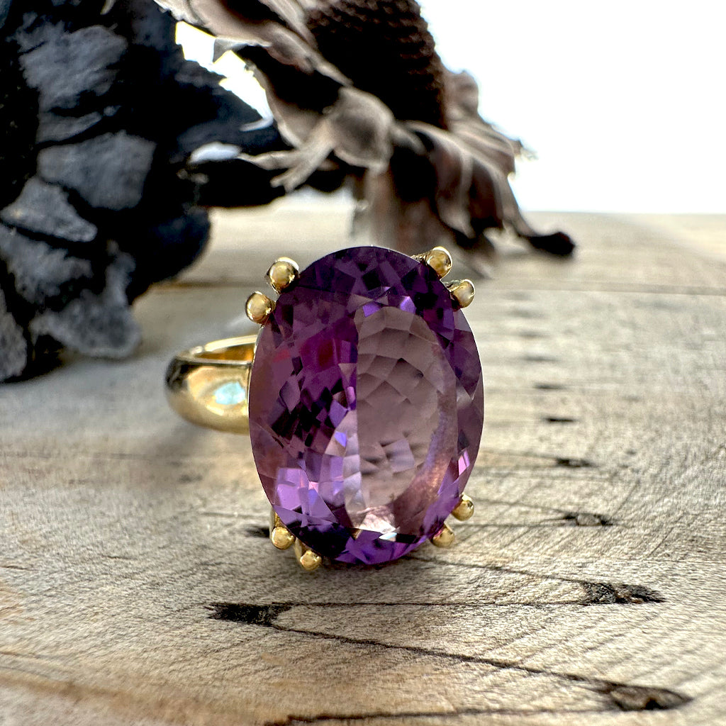 Bold Oval Cut Double Claw Yellow Gold Amethyst Ring