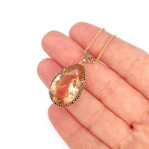 Breathtaking Peach Pear Morganite, Black Diamond Halo Rose Gold Pendant