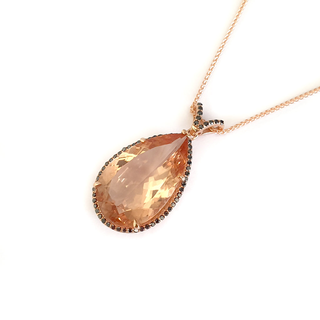 Breathtaking Peach Pear Morganite, Black Diamond Halo Rose Gold Pendant