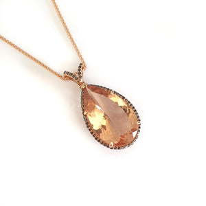 Breathtaking Peach Pear Morganite, Black Diamond Halo Rose Gold Pendant