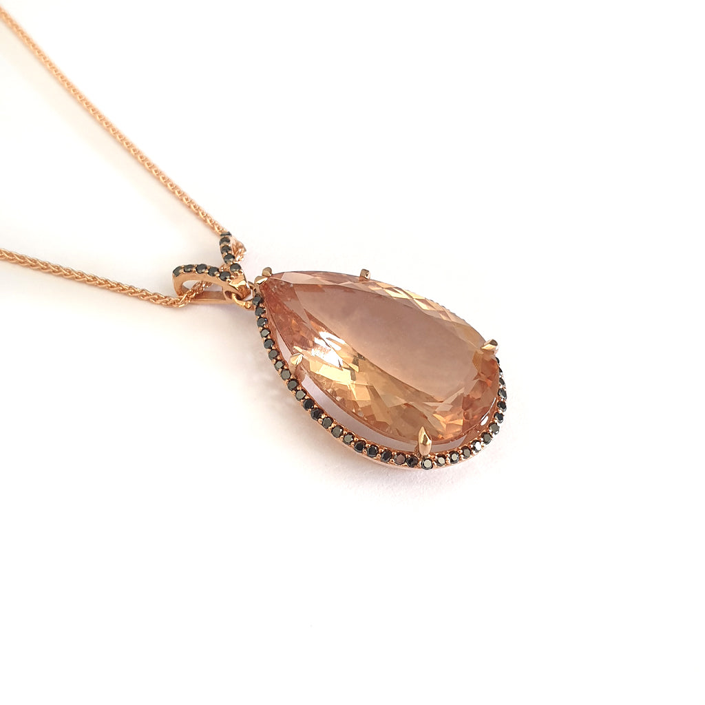 Breathtaking Peach Pear Morganite, Black Diamond Halo Rose Gold Pendant