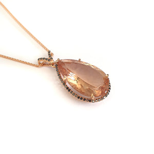 Breathtaking Peach Pear Morganite, Black Diamond Halo Rose Gold Pendant