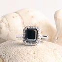 Captivating Emerald Cut Black Diamond With White Diamond Halo White Gold Ring