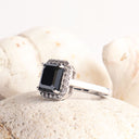Captivating Emerald Cut Black Diamond With White Diamond Halo White Gold Ring