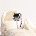 Captivating Emerald Cut Black Diamond With White Diamond Halo White Gold Ring