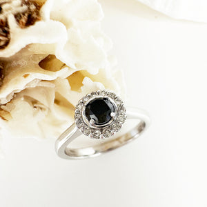 Classic Round Cut Black Diamond With White Diamond Halo Ring