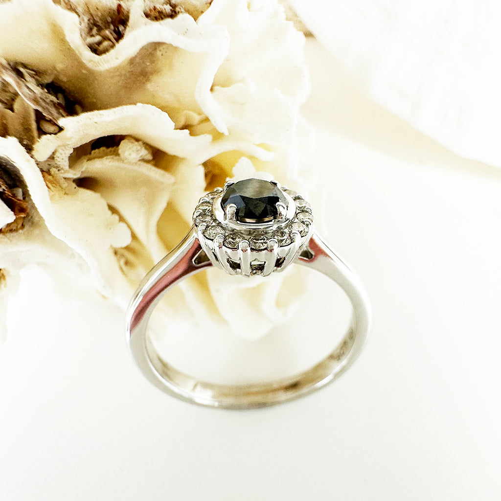 Classic Round Cut Black Diamond With White Diamond Halo Ring