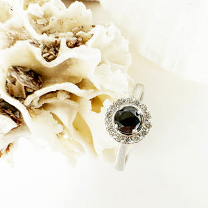 Classic Round Cut Black Diamond With White Diamond Halo Ring