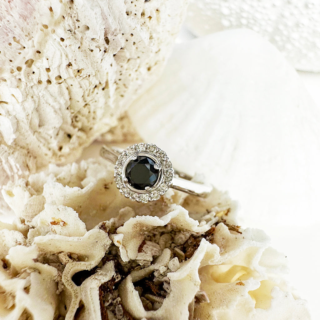 Classic Round Cut Black Diamond With White Diamond Halo Ring