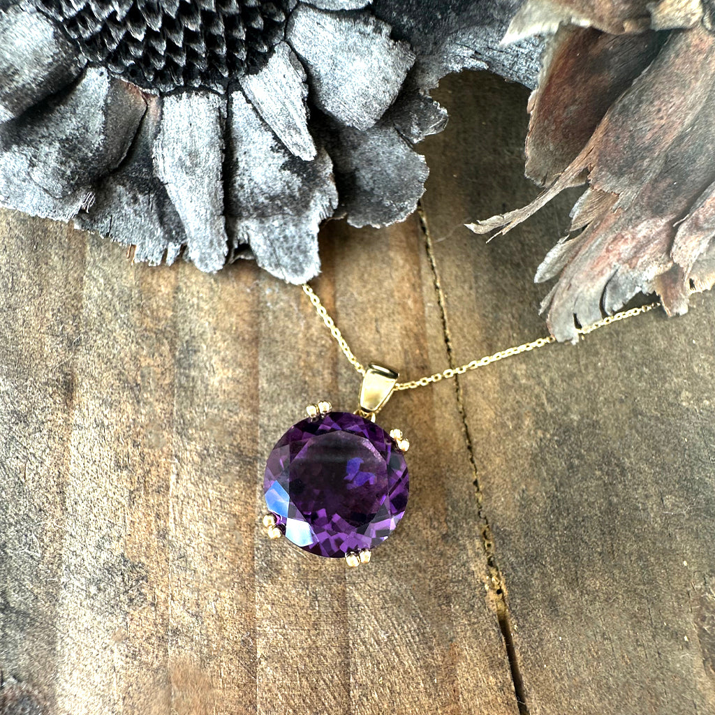 Classic Round Cut Double Claw Amethyst Yellow Gold Pendant