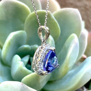 Classically Elegant Trilliant Tanzanite with Diamond Halo Pendant