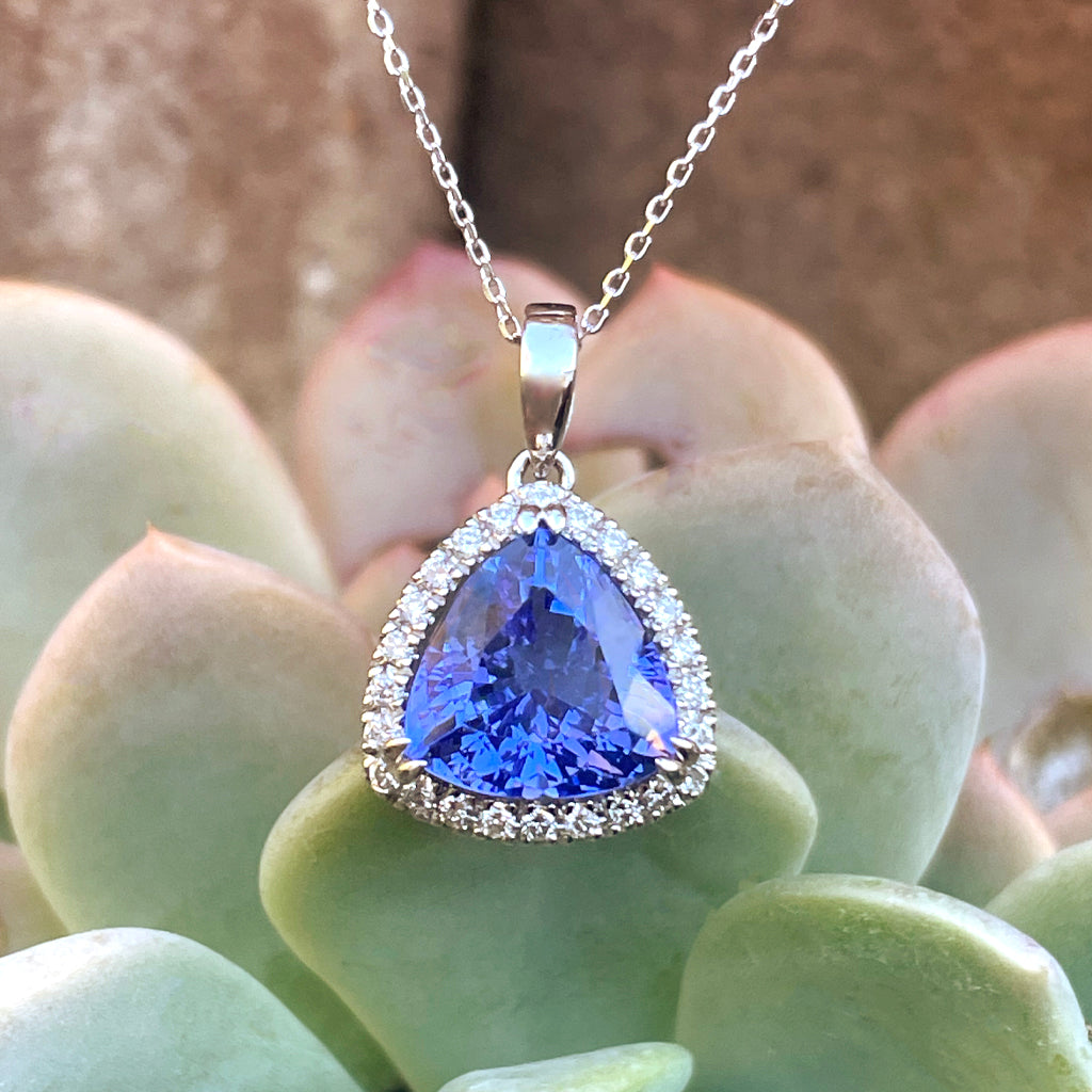 Classically Elegant Trilliant Tanzanite with Diamond Halo Pendant