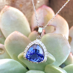 Classically Elegant Trilliant Tanzanite with Diamond Halo Pendant