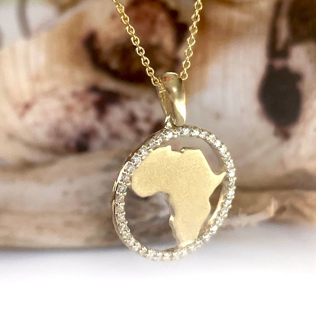 Contemporary Diamond Circular Africa Yellow Gold Pendant