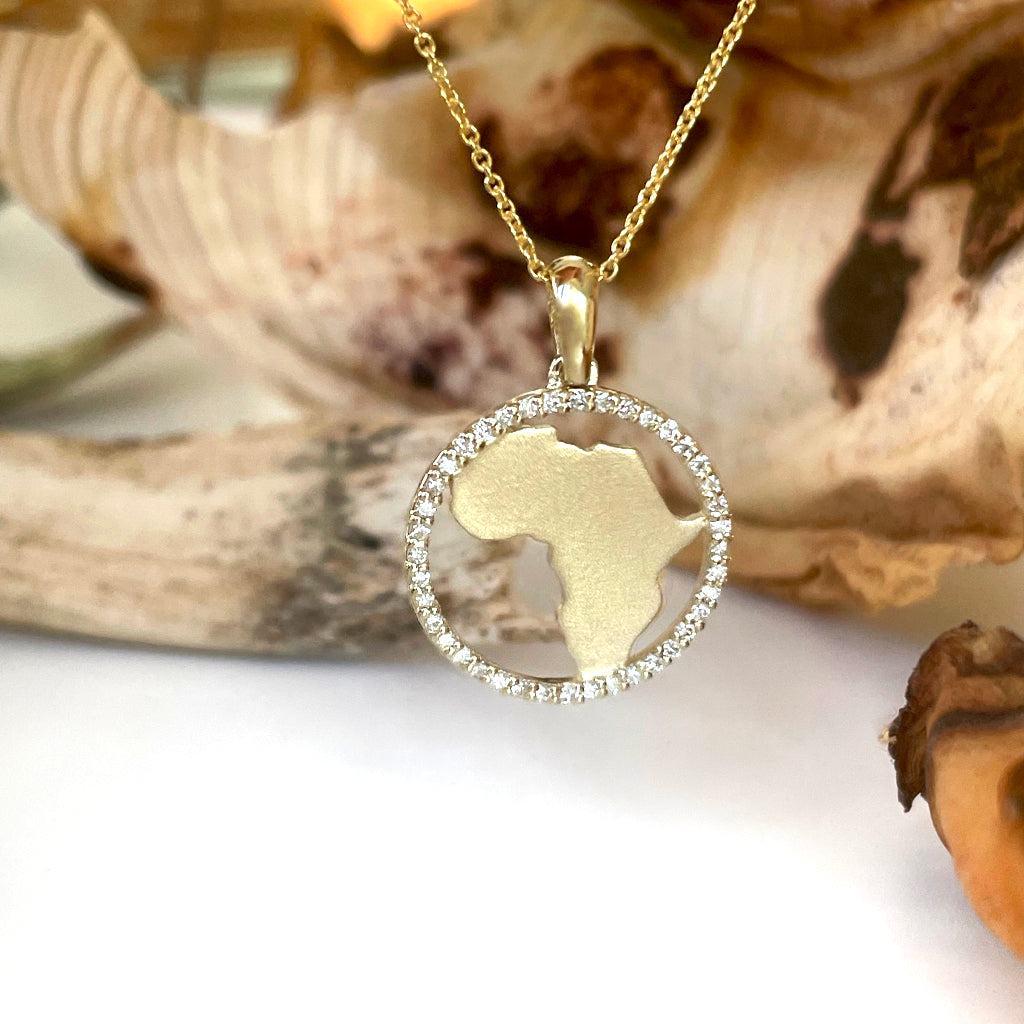 Contemporary Diamond Circular Africa Yellow Gold Pendant