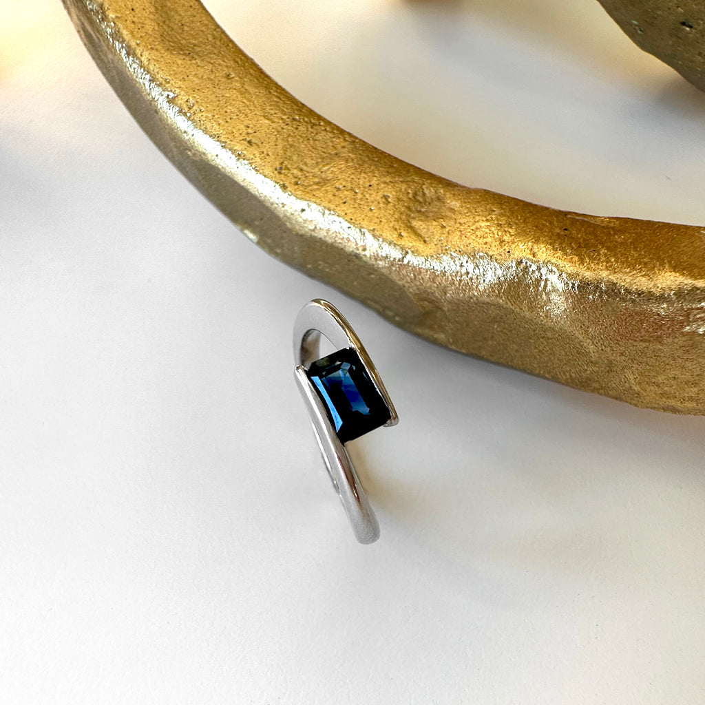 Contemporary Twisted Shoulder White Gold Octagonal Sapphire Ring