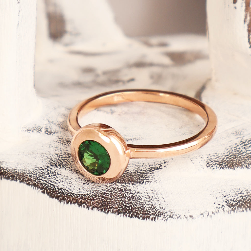 Cosmic Bezel Set Green Tsavorite Rose Gold Ring