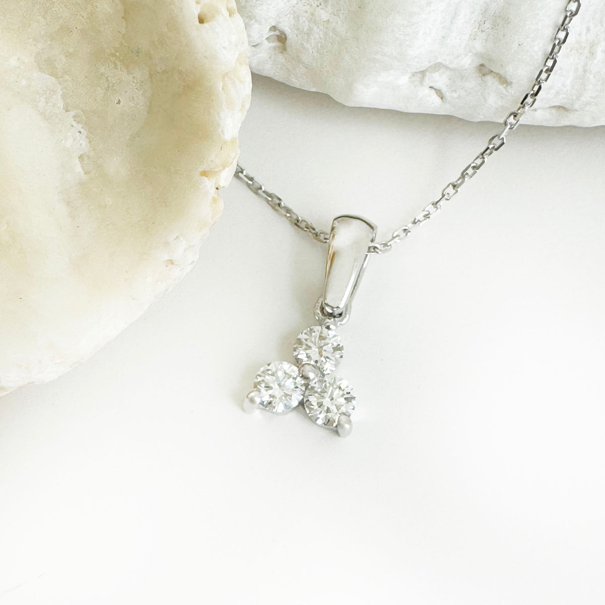 Subtle Triangular Trilogy White Diamond White Gold Pendant