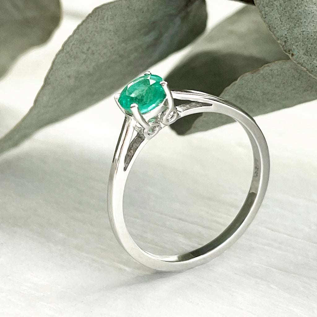 Cutie Pie Solitaire Emerald Four Claw White Gold Ring