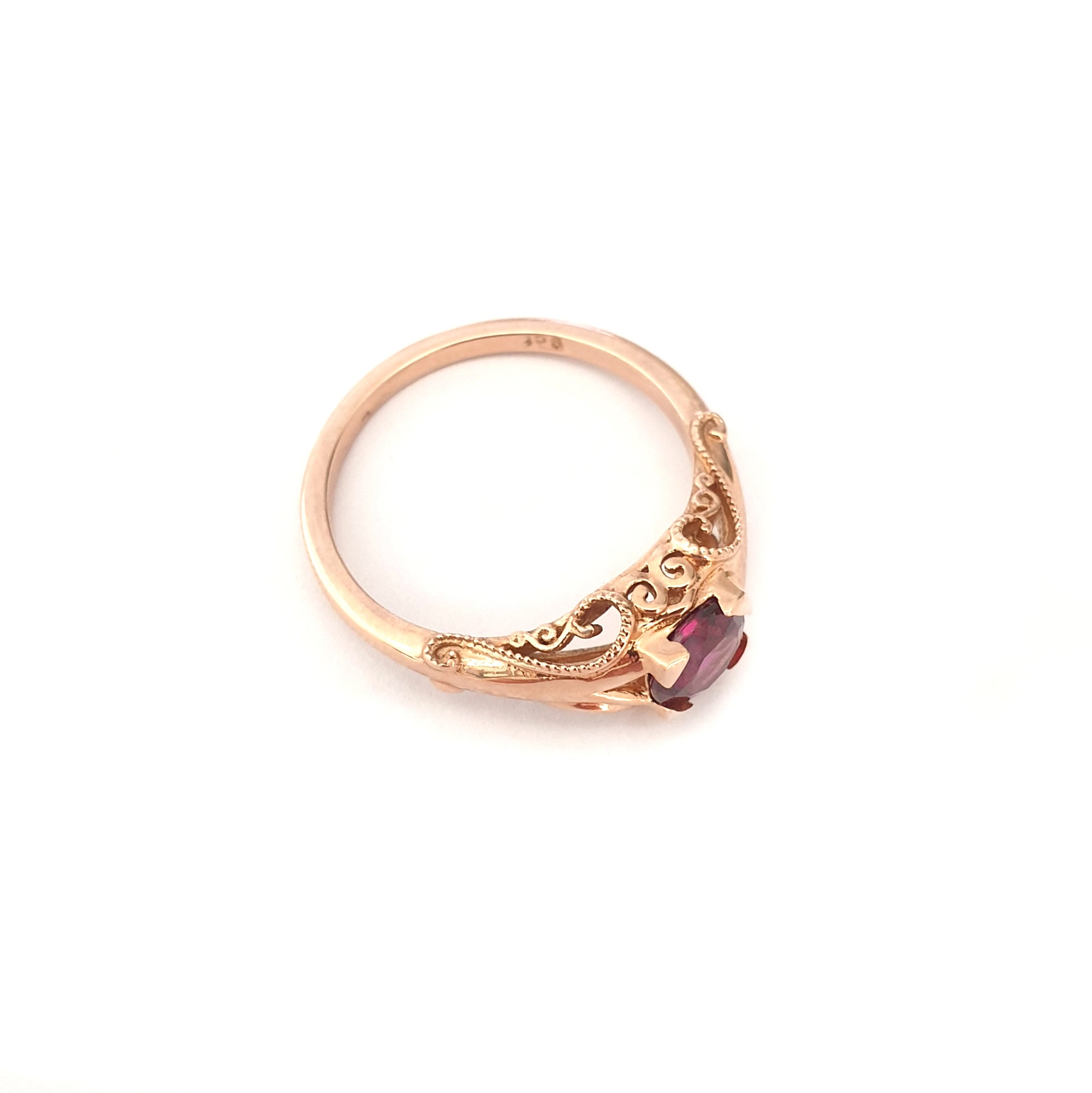 Decorative Filigree and Milgrain Grape Garnet Rose Gold Ring
