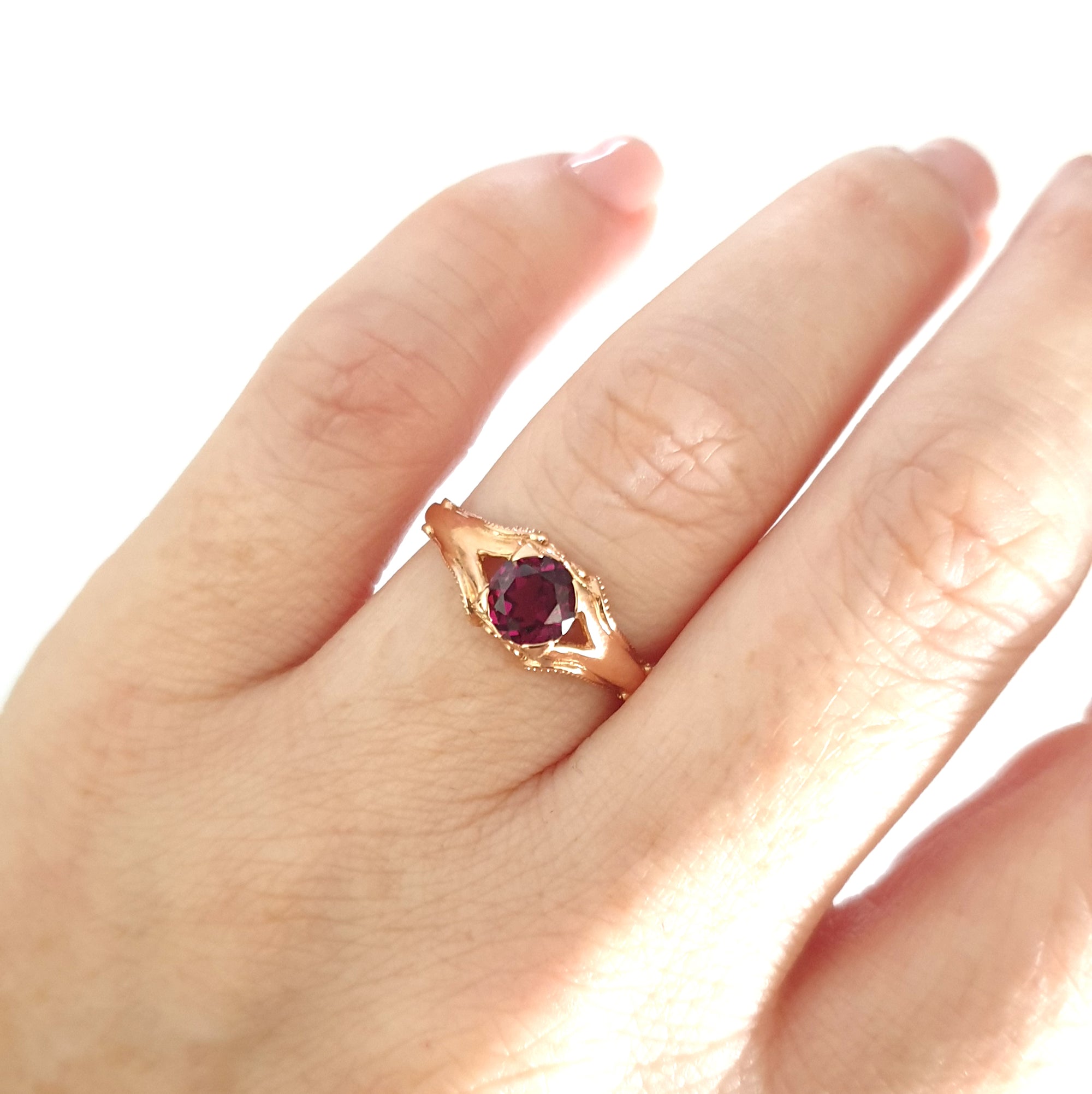 Decorative Filigree and Milgrain Grape Garnet Rose Gold Ring