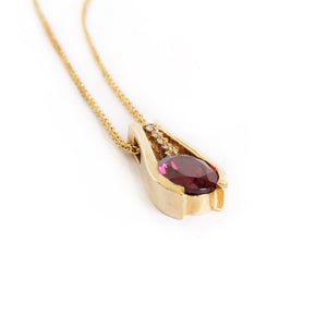 Deep Pink / Purple Oval Rhodolite and Diamond Drop Pendant