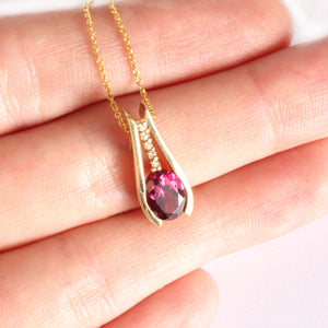 Deep Pink / Purple Oval Rhodolite and Diamond Drop Pendant