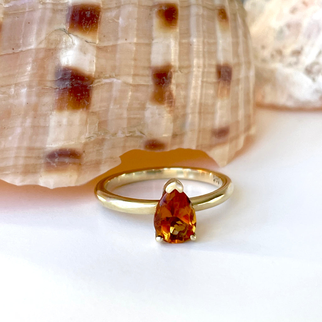 Delicate Yellow Gold Pear Cut Citrine Stacking Ring