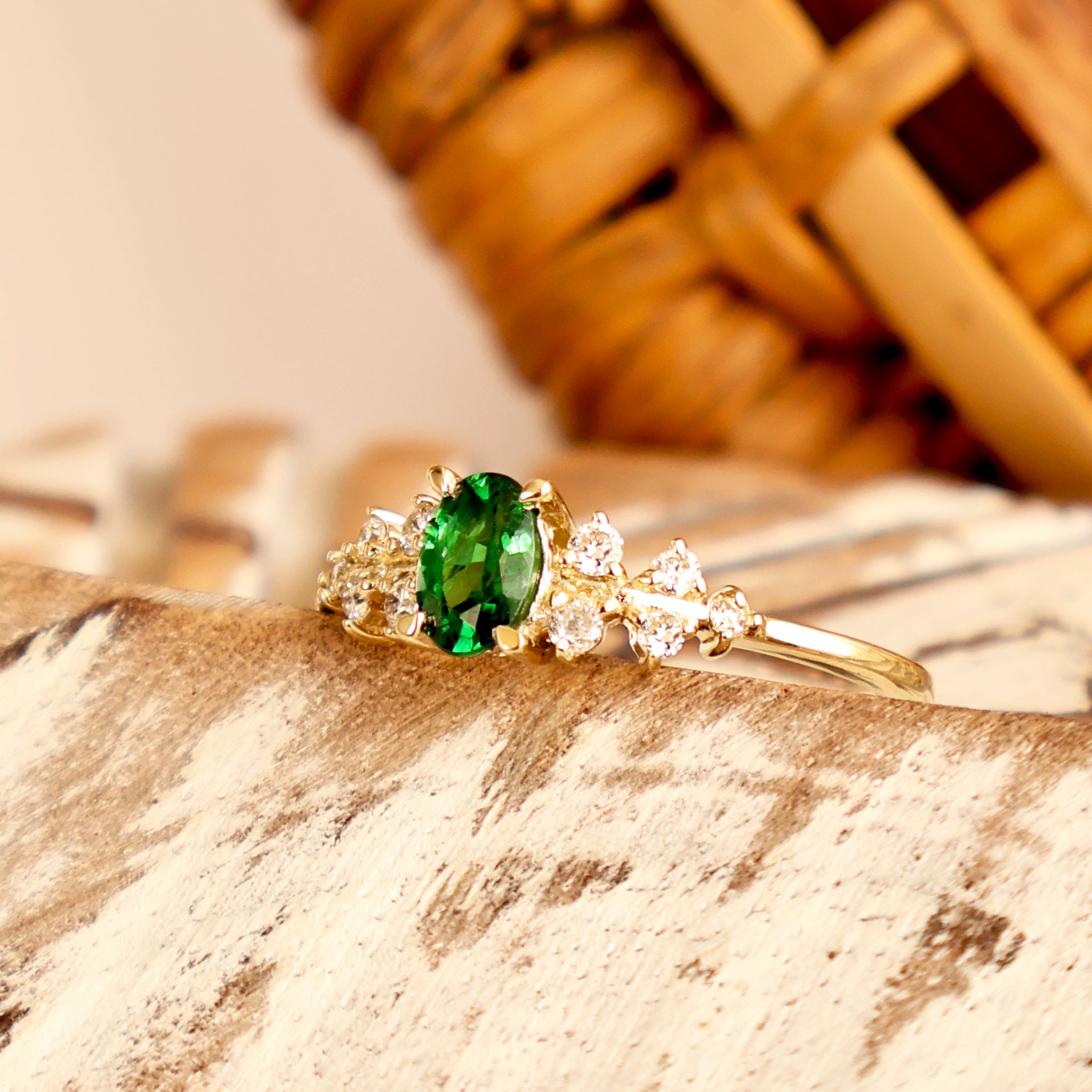 Delicately Cascading Diamond Band Tsavorite Yellow Gold Ring