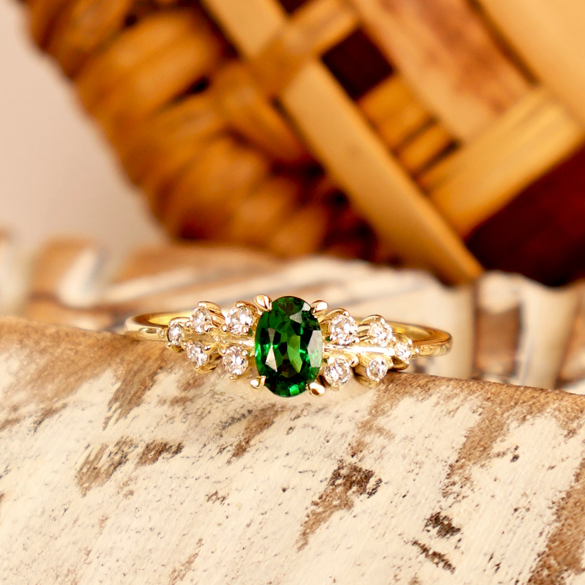 Delicately Cascading Diamond Band Tsavorite Yellow Gold Ring