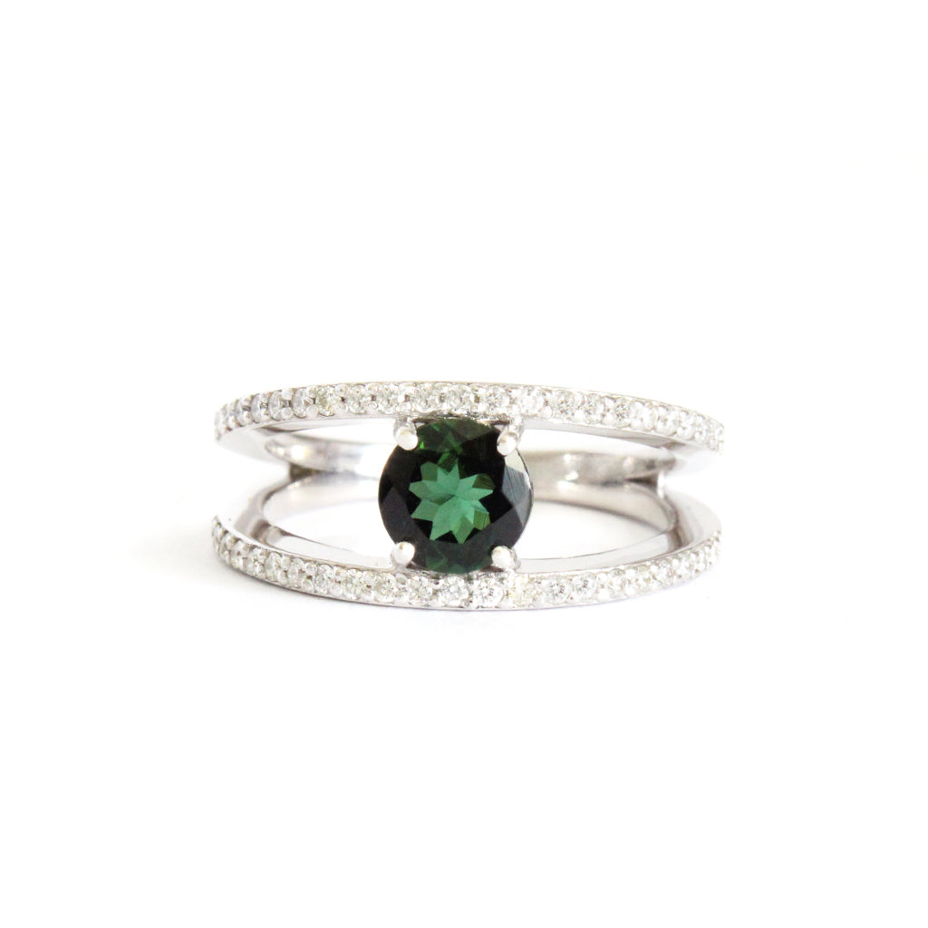 Diamond Encrusted Split Band Green Tourmaline Ring