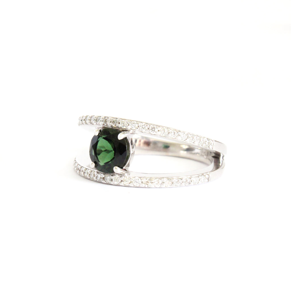 Diamond Encrusted Split Band Green Tourmaline Ring