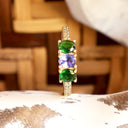 Diamond Shoulder Tsavorite and Tanzanite Yellow Gold Ring
