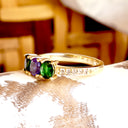 Diamond Shoulder Tsavorite and Tanzanite Yellow Gold Ring
