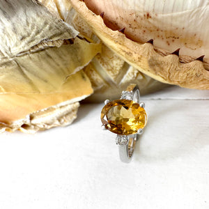 Divine Oval Citrine and Diamond Shoulder Highlight White Gold Ring