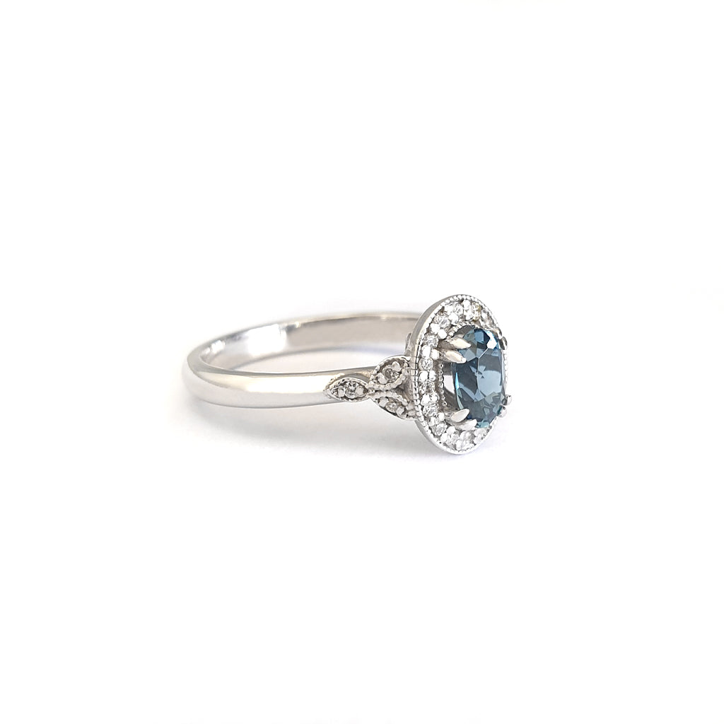 Divinely Decorative London Blue Topaz and Diamond White Gold Ring