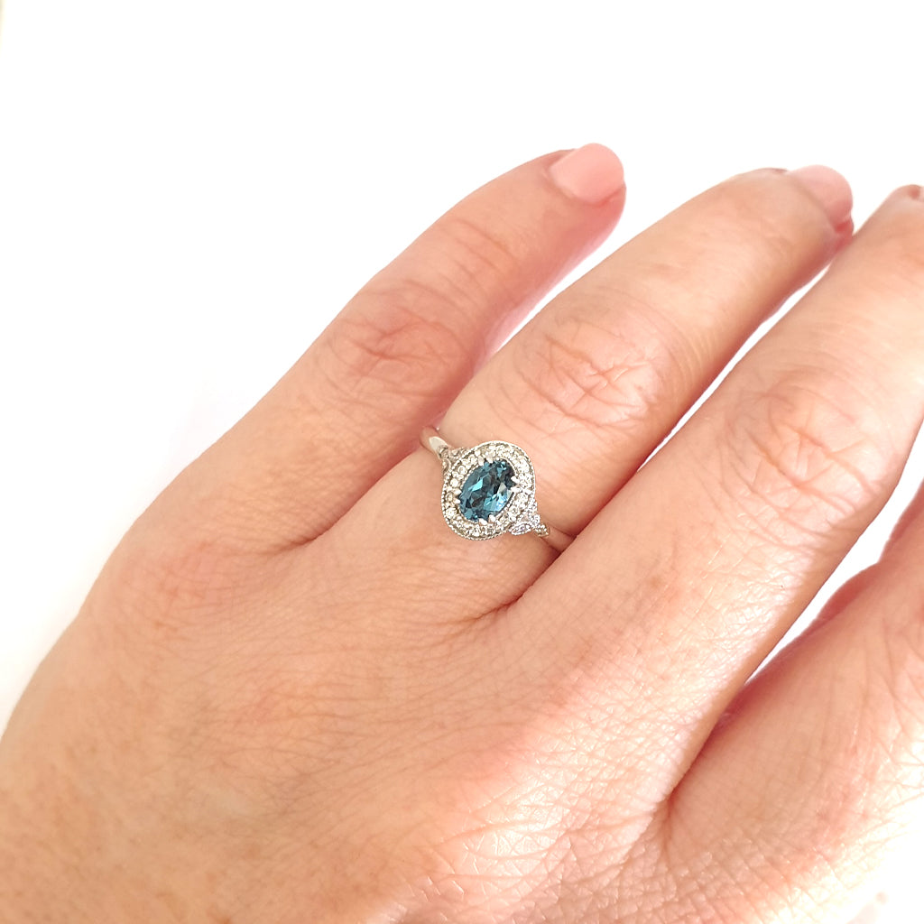 Divinely Decorative London Blue Topaz and Diamond White Gold Ring